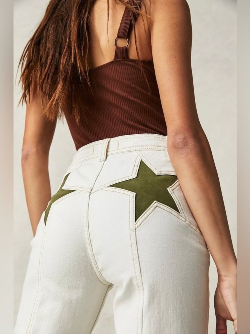 We The Free White Boot-Cut Jeans with Olive Star Patch